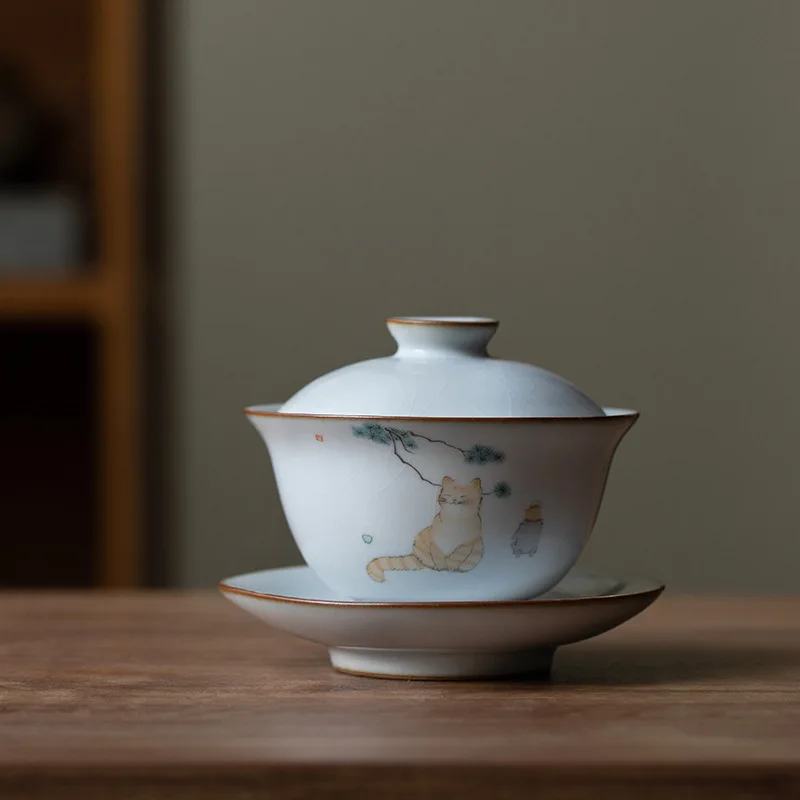 Cat Moon White Ru Kiln Three-Talent Covered Bowl with Open Pattern, Nurturable Ceramic Kung Fu Tea Set, Tea Brewing Bowl, Tea Ma