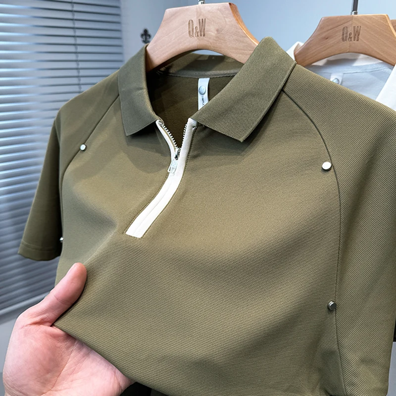 Korean Version of Summer New Men's Polo Shirt Lapel Zipper Loose T-shirt Short Sleeve Solid Color Breathable Seamless Men's Wear