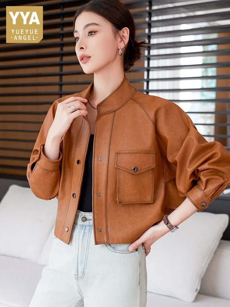 Women Natural Sheepskin Stand Collar Short Jacket Single Breasted Brown Batwing Sleeve Genuine Leather Coat Motorcycle Jackets