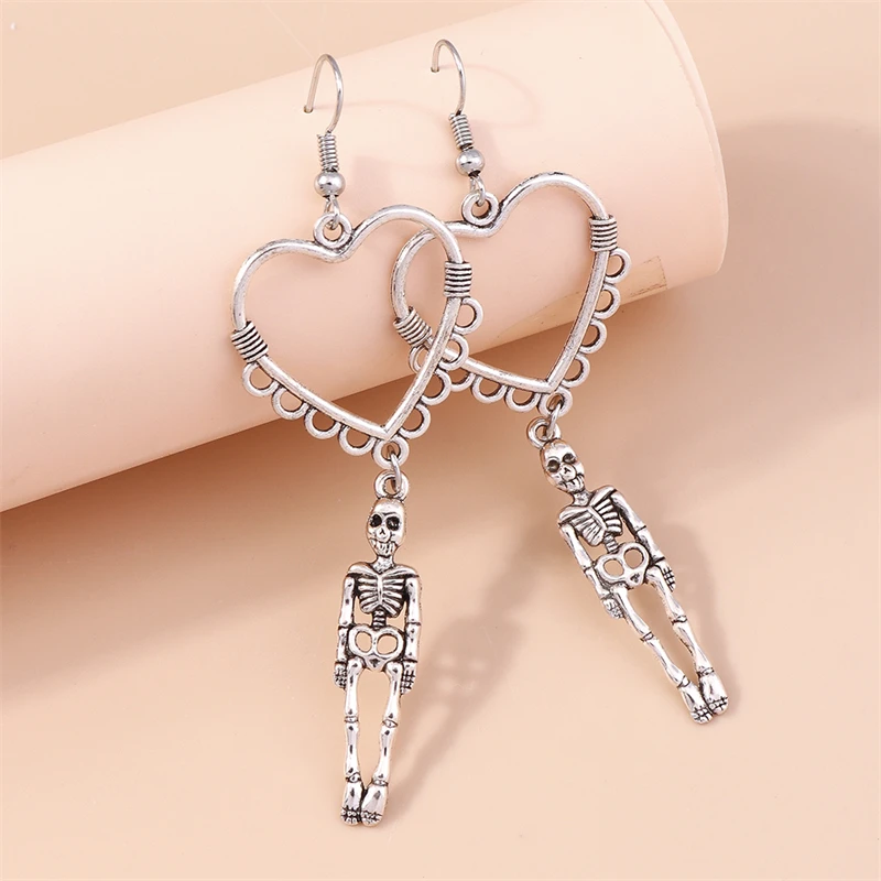 Cute Hollow Heart Skeleton Drop Earrings for Women Girls Party Festival Jewelry Gifts