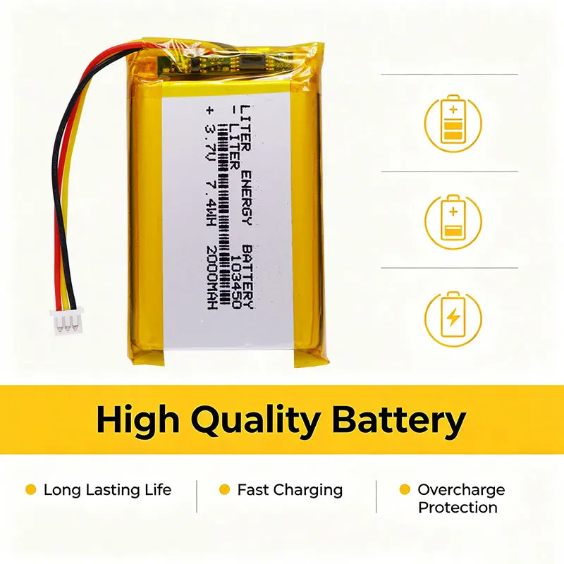 li-po 1.25mm connector 103450 3.7V 2000MAH lipo polymer lithium rechargeable battery GPS navigator DVD recorder headset e-book