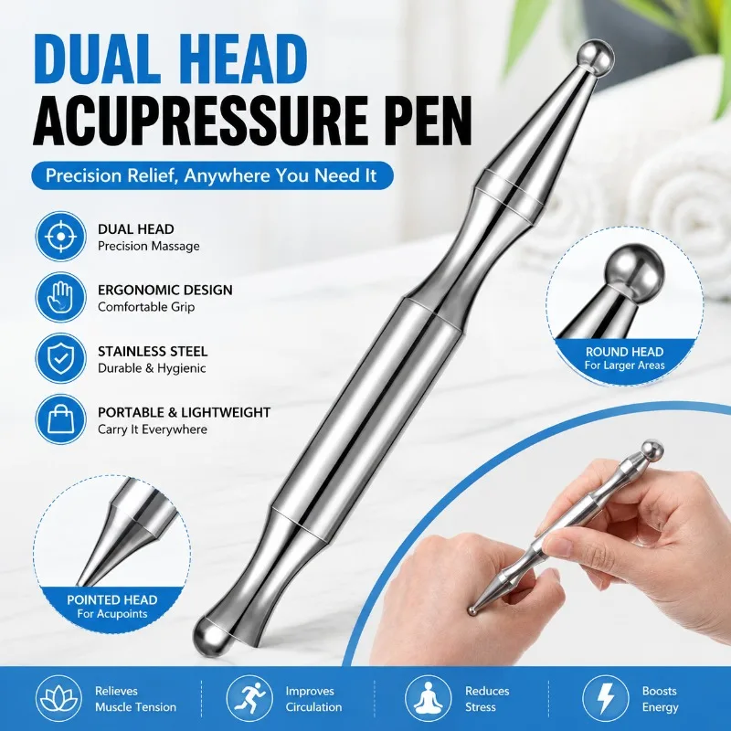Stainless Steel Acupressure Massage Pen Dual Head Reflexology Tool Deep Tissue Meridian Massager Face Body Relaxation Therapy