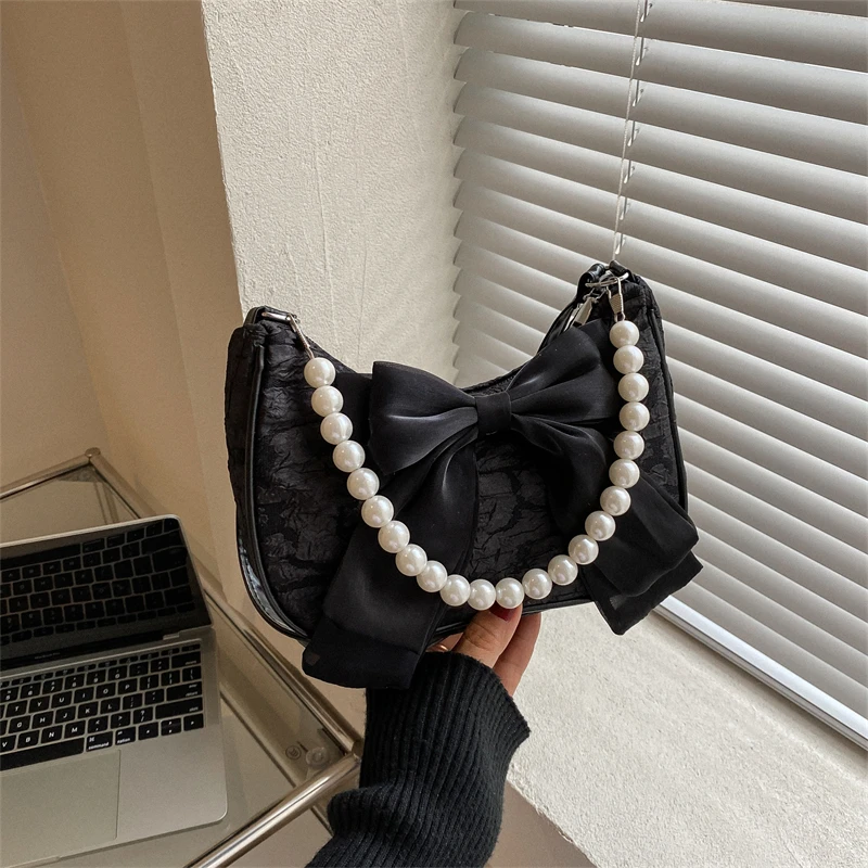 Canvas Underarm Bag 2023 New Women\'s Sweet Bow Beaded Pleated Design Zipper Shoulder Bag Fashion Casual Party Handbag Trend