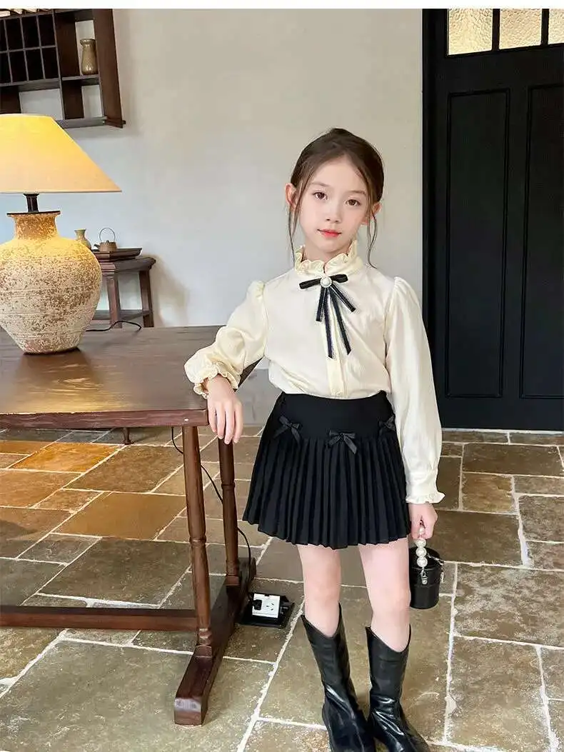 Retail New Baby Girls Korea Summer Elegant Sets, Bow Blouse + Black Skrits Princess Fashion Suits Girl 3-8 T