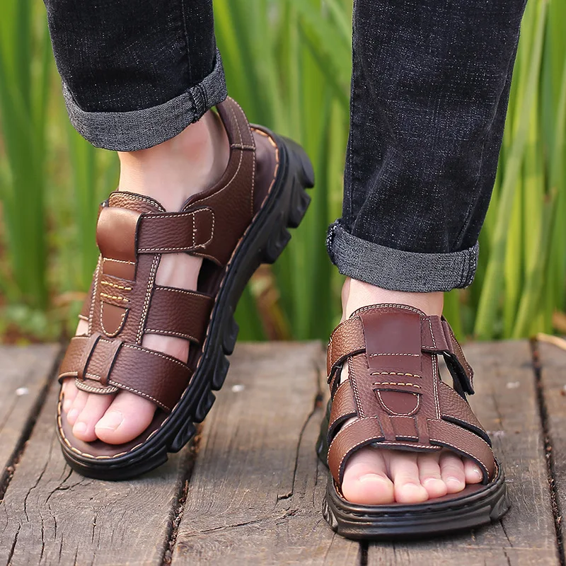 Sandales de plage en cuir véritable pour hommes, nouvelles chaussures en peau de vache, pantoufles d'extérieur à l'offre elles optiques