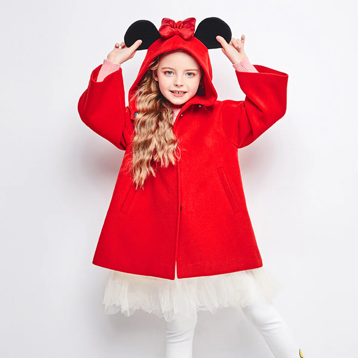 Disney Autumn and Winter Girls\' New Minnie Cute Long Fleece Coat with Bow Minnie Print Windproof and Warm Hooded Coat