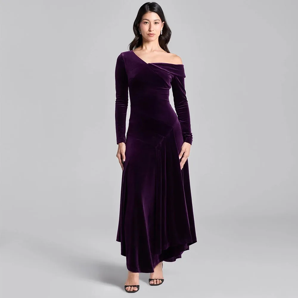 

Vanessa Customized Velour Evening Dress with Off the Shoulder Long Sleeves Ankle Length A-Line Party Gowns Women Prom Dresses