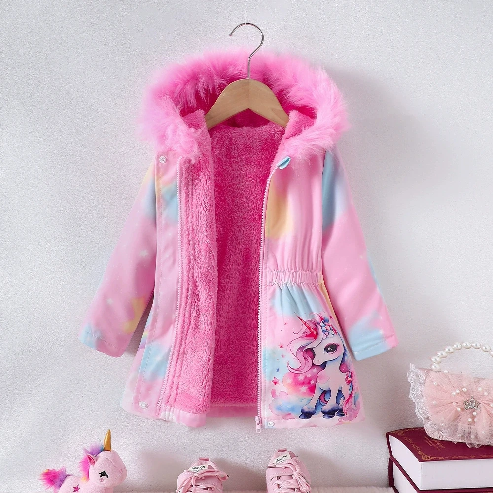 2025 1pc Baby Girls Pink Hooded Winter Jacket &Coats With Zipper Children Clothing Kids Girls Clothes For 2 3 4 5 6 7 Years