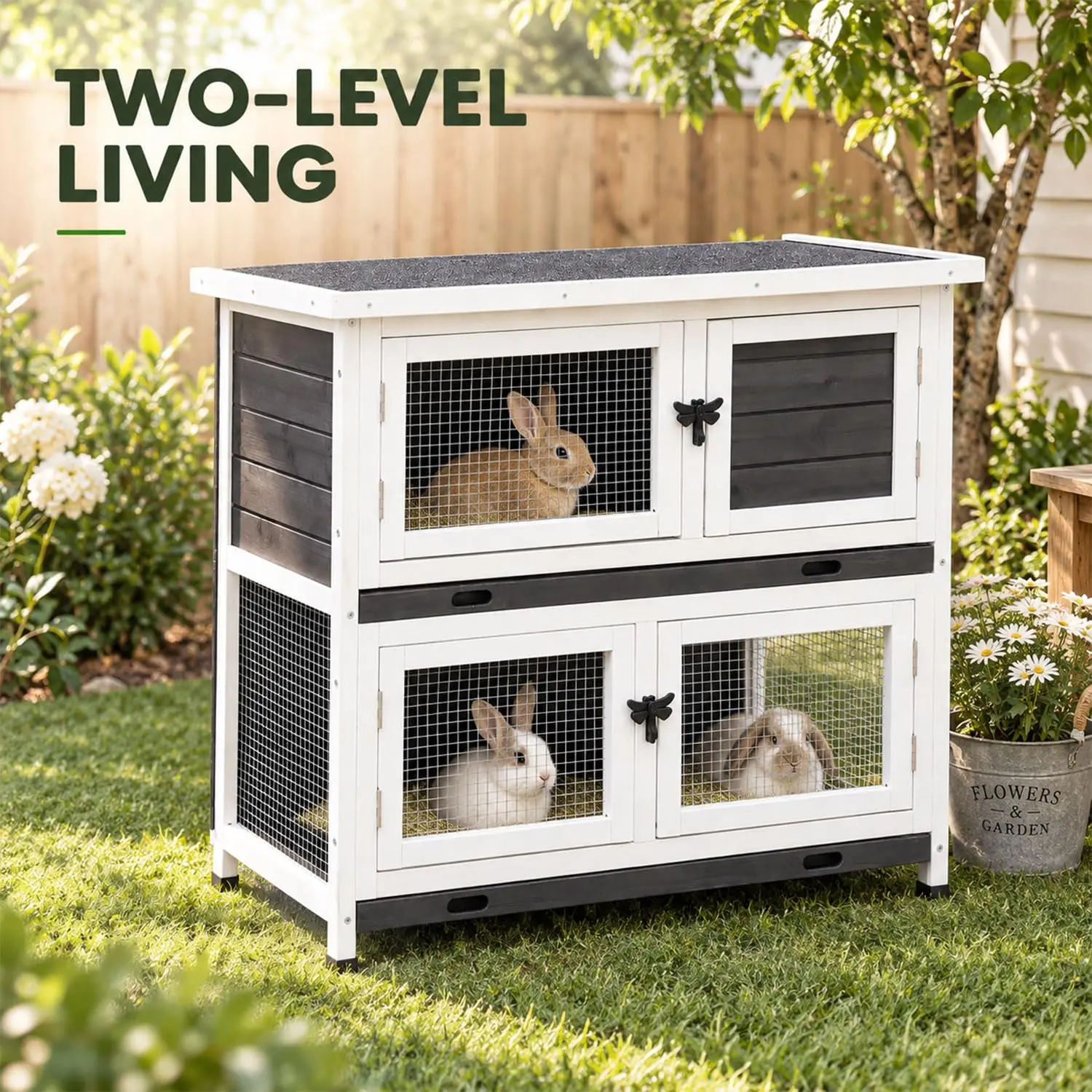 2-Story Rabbit Hutch Bunny Cage, Bunny House with Pull Out Leak-Proof Tray