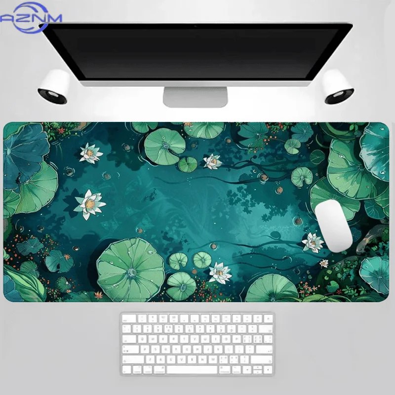 Green Lotus Pond Mouse Pad Large Computer Office Game Table Mat 90x40 XXL Rubber Non-slip Stitched Edge Keyboard Mats Desk Pads