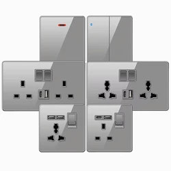 Gray Glass  1/2/3/4gang1/2way on/off Wall Light Switch LED Backlight Stair Wall Light Socket 3.1AtypeC 18W USB Power Adapter