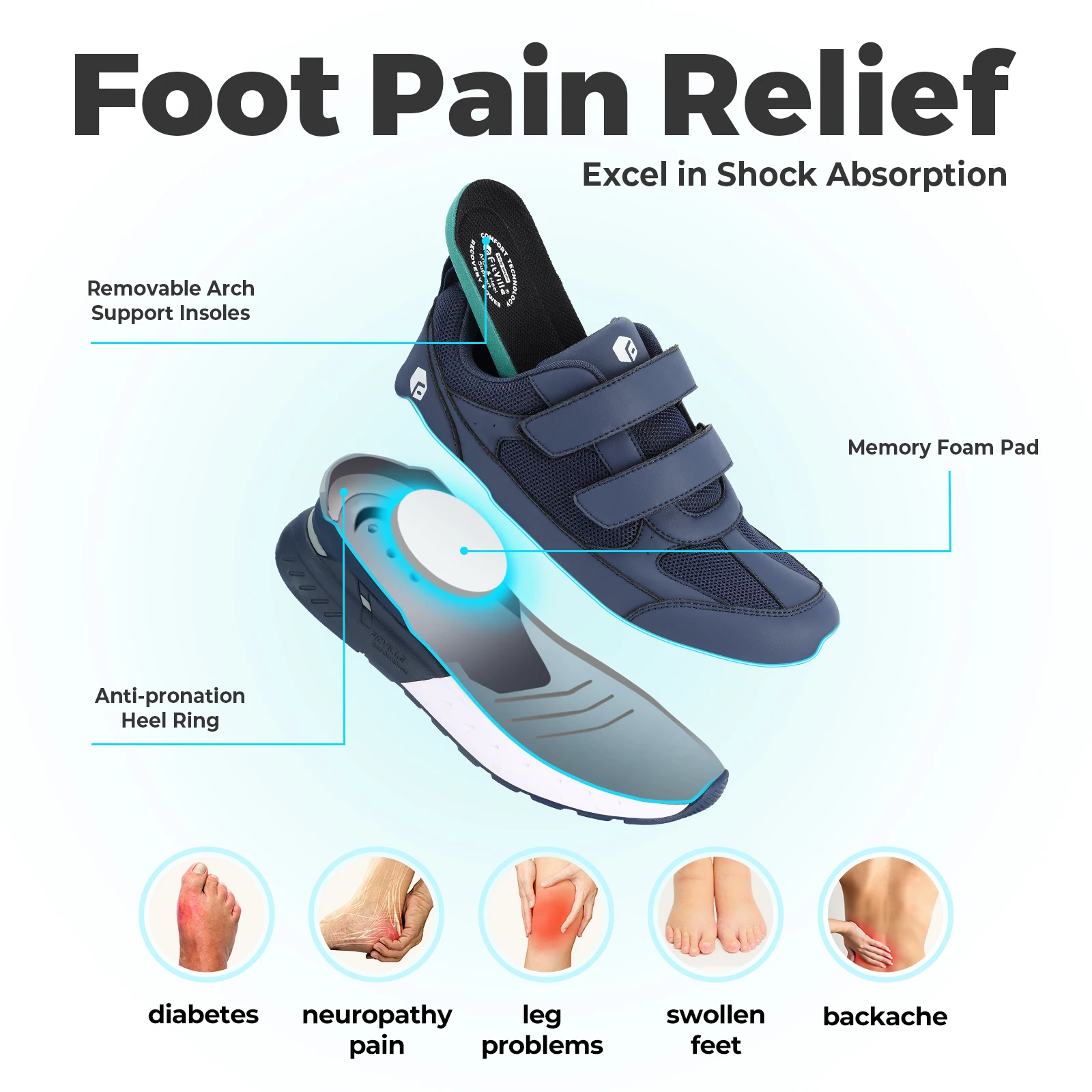 FitVille Wide Walking Shoes Hook Loop Orthopedic Man Casual Sneakers for Swollen Feet Neuropathy Comfort Sport Shoes for Men