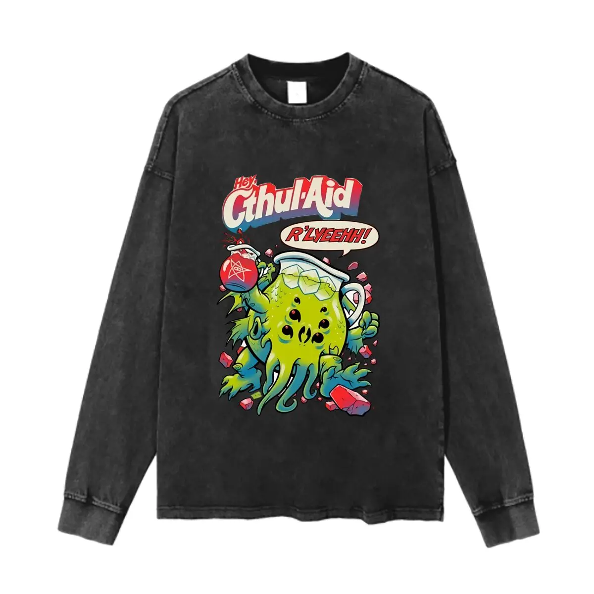 Cthul-Aid Parody Art Design Washed Vintage Long Sleeves Cotton Tee Shirt Solid O Collared For Men's And Women's