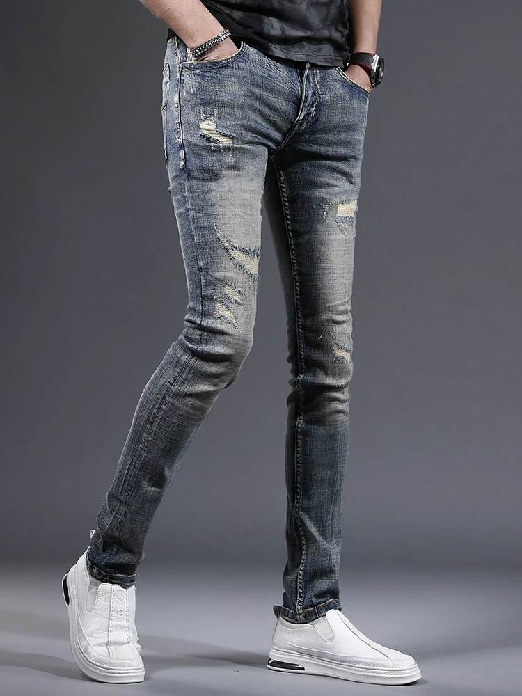 Retro Amerikaanse Blue Hole Herenjeans Jeugd Slim Fit Lente Nieuwe Sle Katoen Polyester Blend Elastische Vezel Ritssluiting