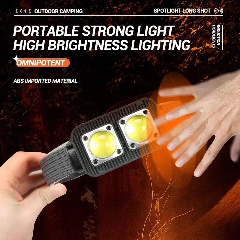 Powerful Smart Motion Sensor COB Headlamp 3 Modes Type-C Rechargeable Headlight Outdoor Waterproof Head Lamp Built-in Battery