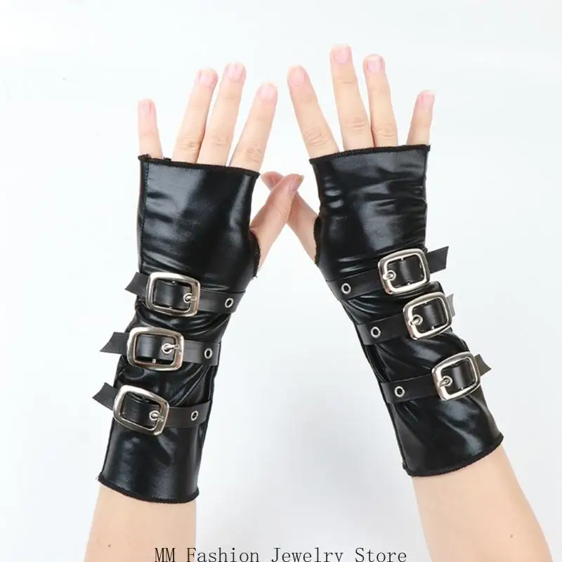 D0UB PU-leren feesthandschoenen met metalen sluiting en decoratieve armmouwen voor damesmeisjesconcerten en nachtevenementen