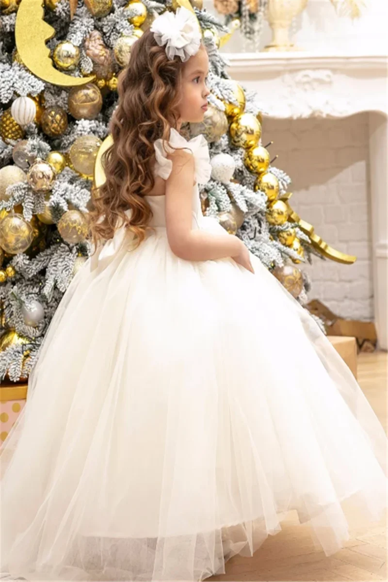 Elegante abito da ragazza di fiori bianco senza maniche soffice tulle pizzo principessa ballo spettacolo di bellezza prima comunione abiti di compleanno per bambini