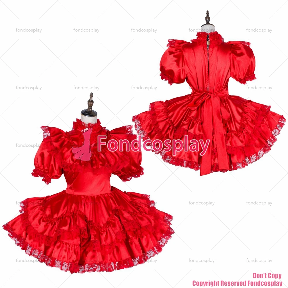 

fondcosplay adult sexy cross dressing sissy maid short lockable red satin dress Uniform cosplay costume CD/TV[G1796]