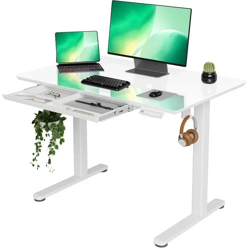 Glass Adjustable Standing Desk with Drawers, Quick Installation Home Office Computer Table for Office Bedroom