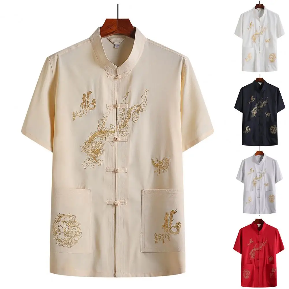 Tangs Clothing Top Vintage Short Sleeve Super Soft Pure Color Pockets Tangs Suit Top Wing Chun Shirt New Year Wear