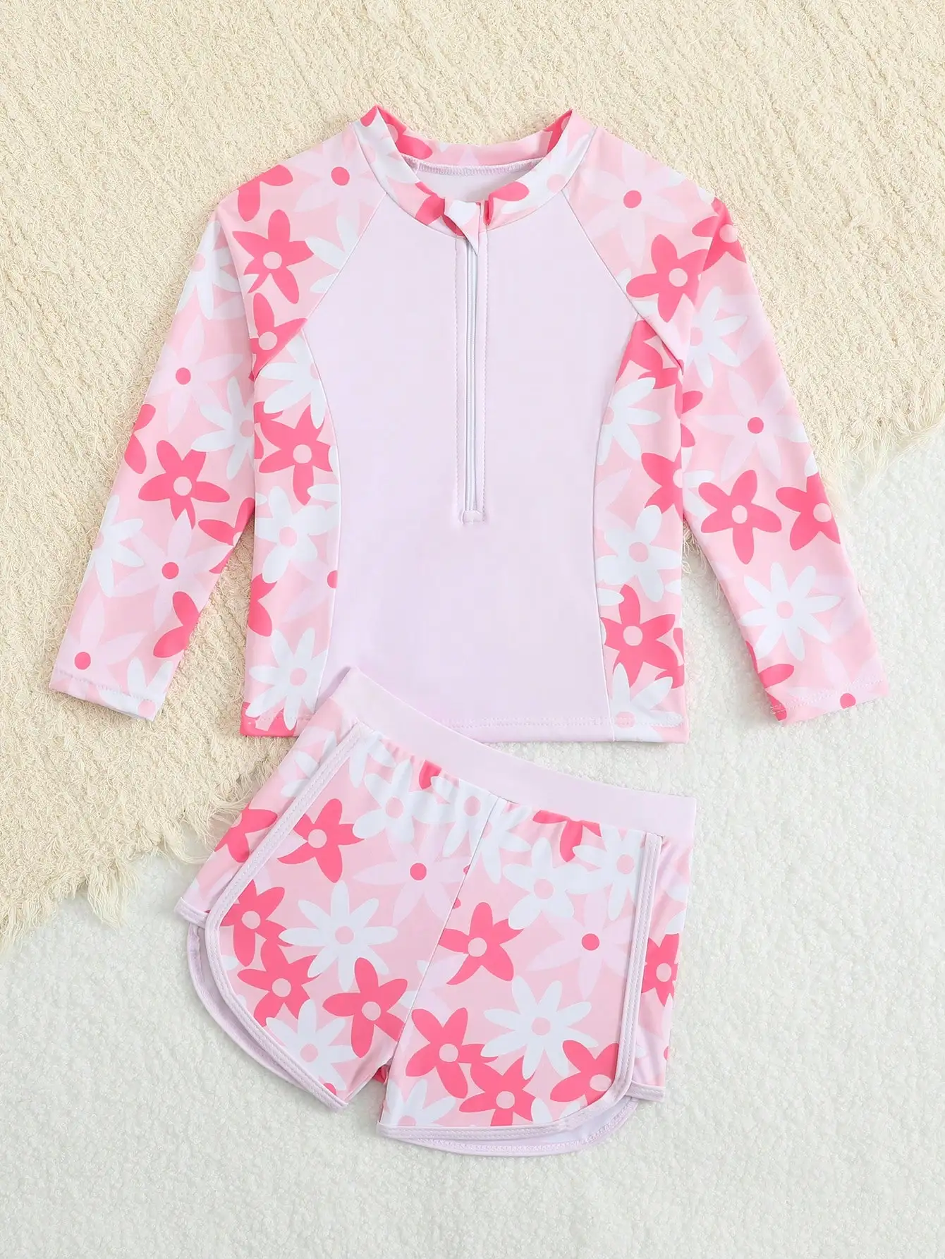 

Комплект из 2 предметов: розовый купальник с цветочным принтом, длинными рукавами и молнией для женщин