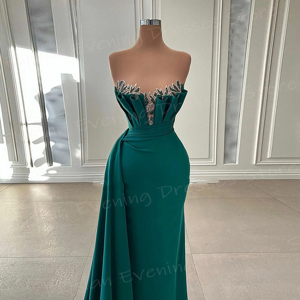 Modern Green Women's Mermaid Elegant Evening Dresses Sexy Strapless Sleeveless Customized Prom Gowns Appliques Vestido De Noche