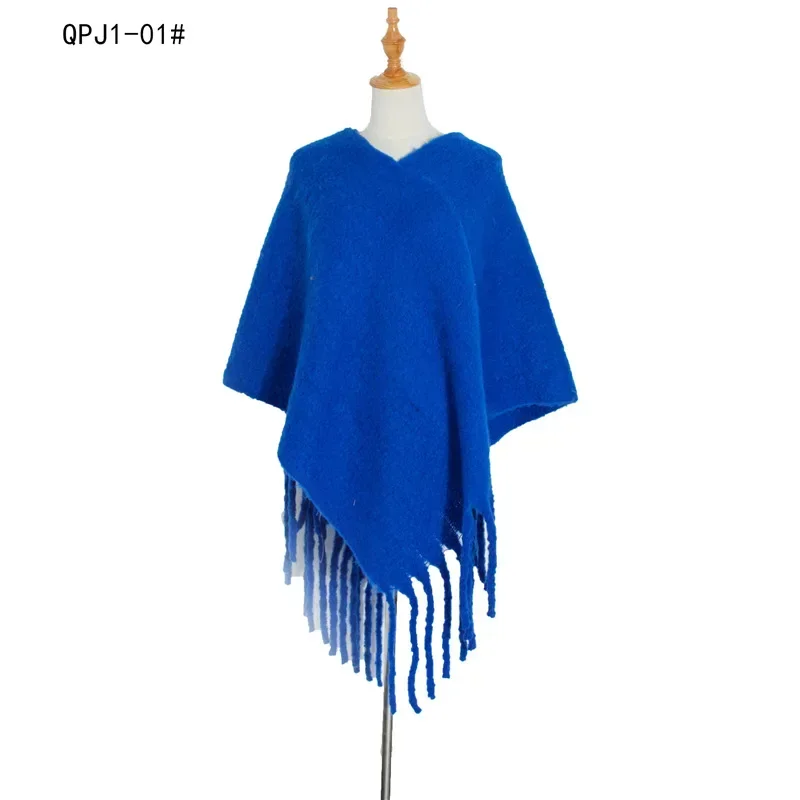 

Spring Autumn Loop Yarn Women Shawl Thick Tassel Warm Cloak Pullover Poncho Lady Capes Blue Cloaks