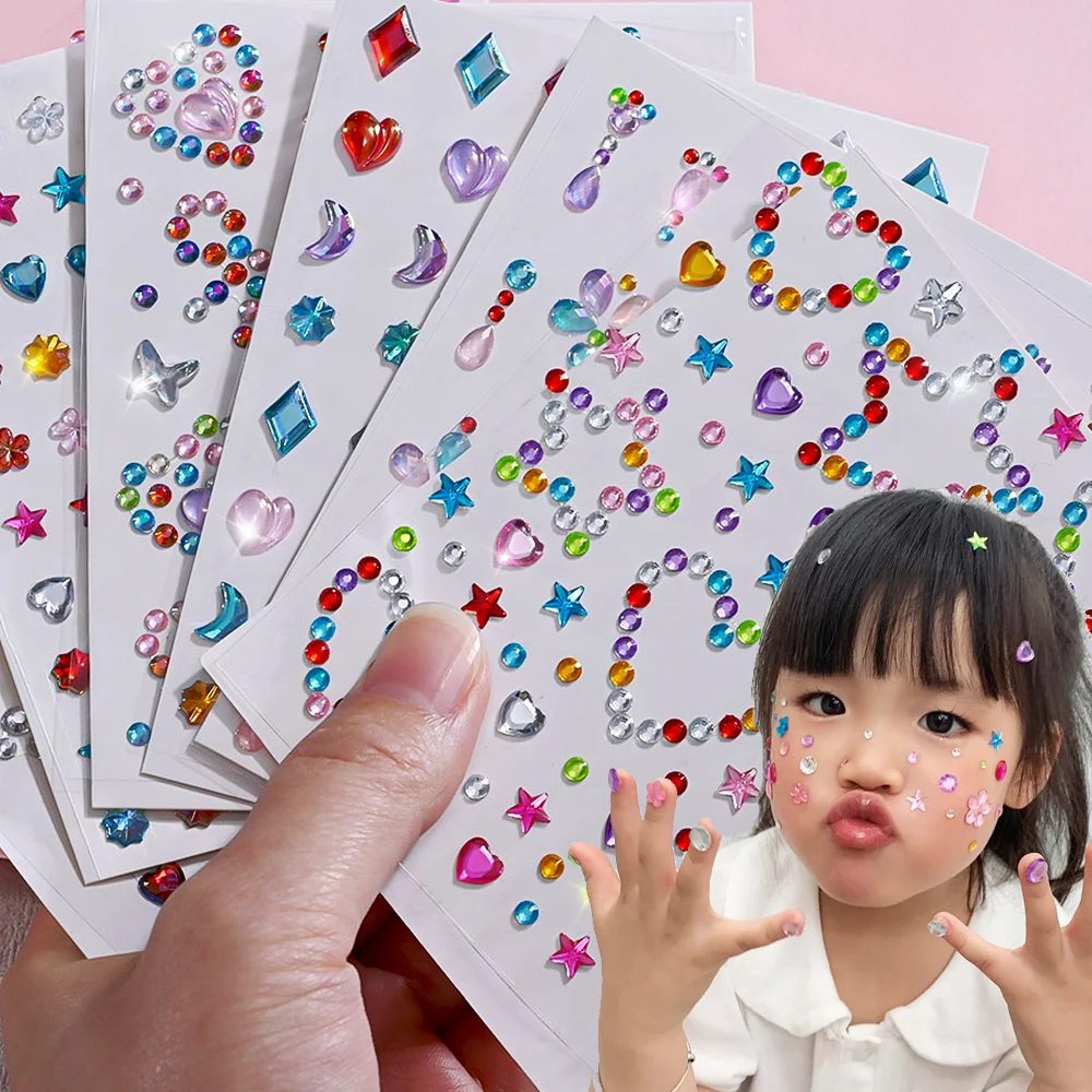 1Sheet 5D Mixed Shell Aurora Rhinestone Girl Face Stickers Hollow Star/Moon/Heart Self-Adhesive Cute Girl Make Up Diamond Decal
