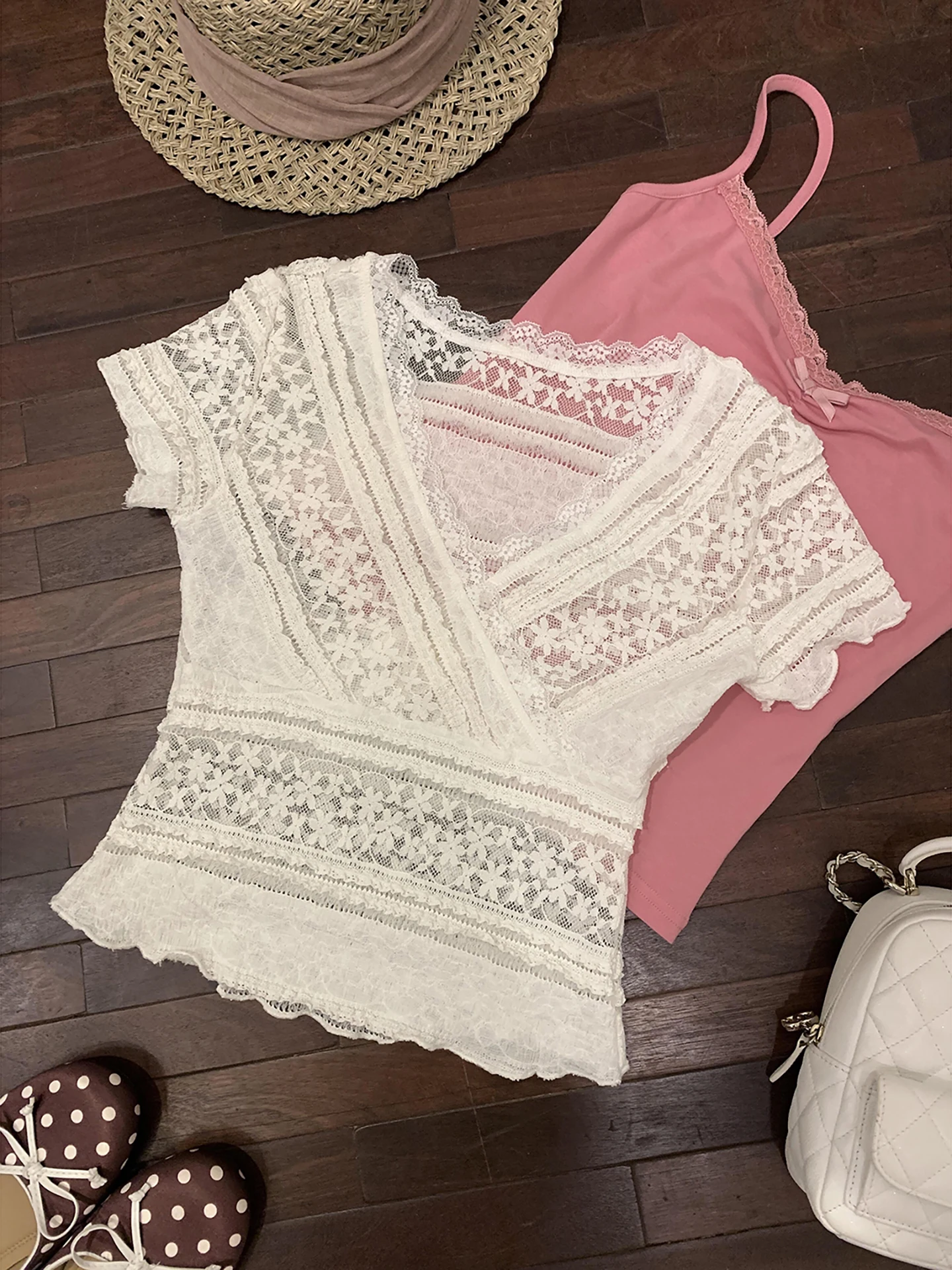 

Pink Lace V-Neck Short Sleeve Set Women's Summer New Style Pure Desire Spicy Girl Personality Top Korean Style Fashion Set