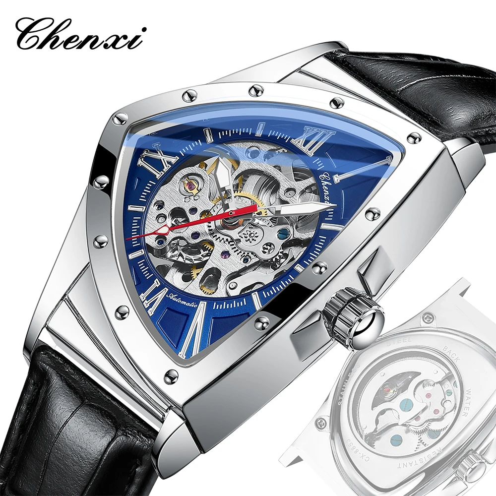 CHENXI męski zegarek mechaniczny świecąca trójkątna tarcza męski zegarek na rękę moda biznes wodoodporny męski zegarek automatyczny