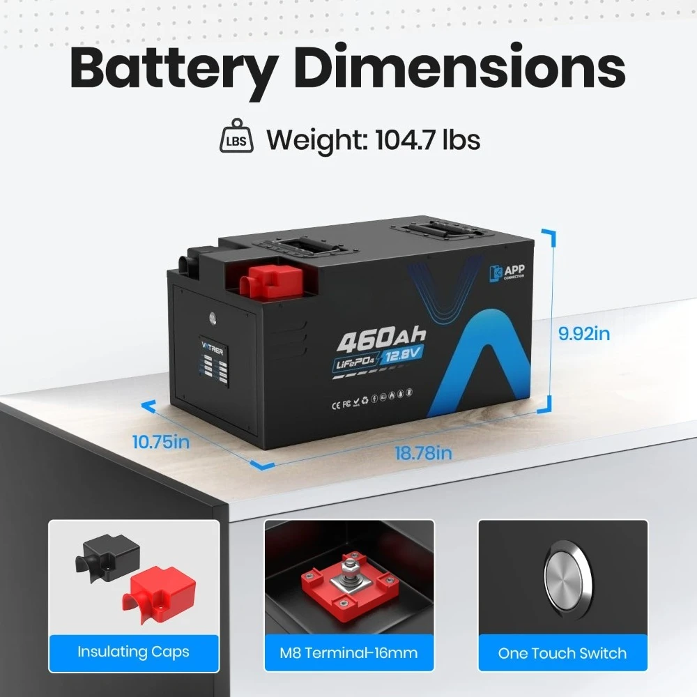 12.8V 460Ah Self-Heating Lithium RV Battery, APP Monitoring with Straps | Built-in 300A BMS, Max. 3840W Load Power,Custom