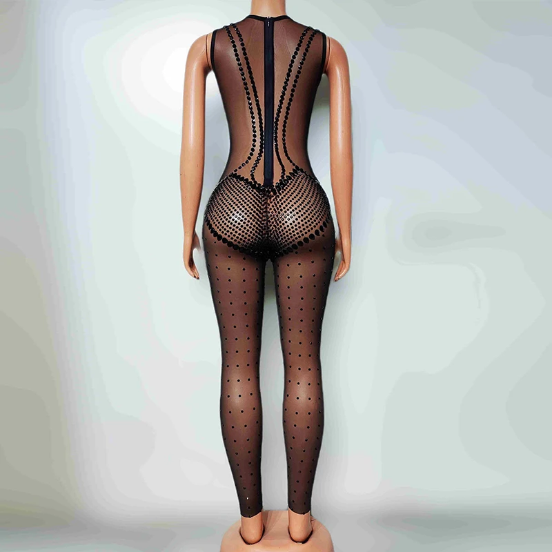 Club nocturno Gogo Show ropa Sexy mujer negro Rhinestone sin mangas mono cantante traje de escenario Dancehall Queen traje yj521