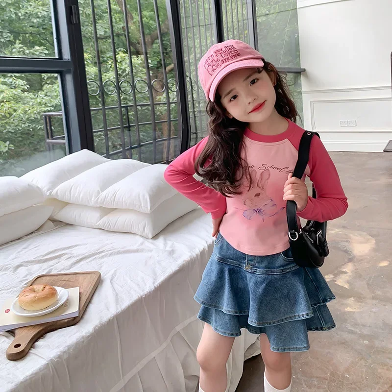 Girls' Korean version  Cool Spicy Girls High elastic denim pleated short skirt 2023 summer children's fake two-piece skirt pants