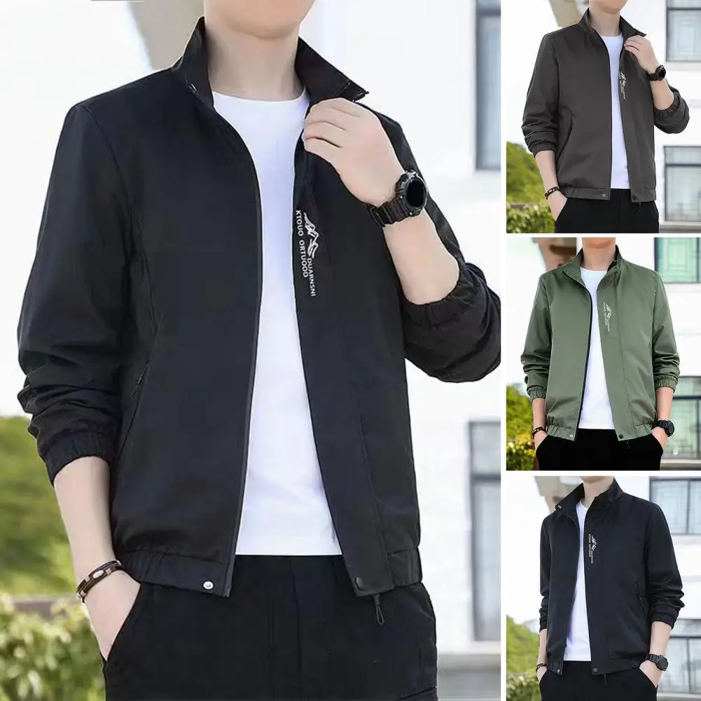 Men Stand Collar Embroidered Jacket Stylish Men's Embroidered Windbreaker Jacket with Stand Collar Zipper Placket for Slim