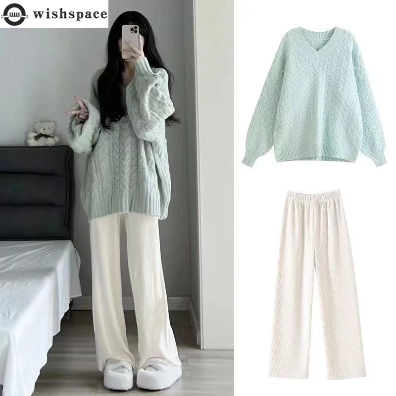 Gentle Tea Style Temperament in Autumn and Winter French Style Small Fragrance Knitted Cardigan and Wide Leg Pants Two-piece Set