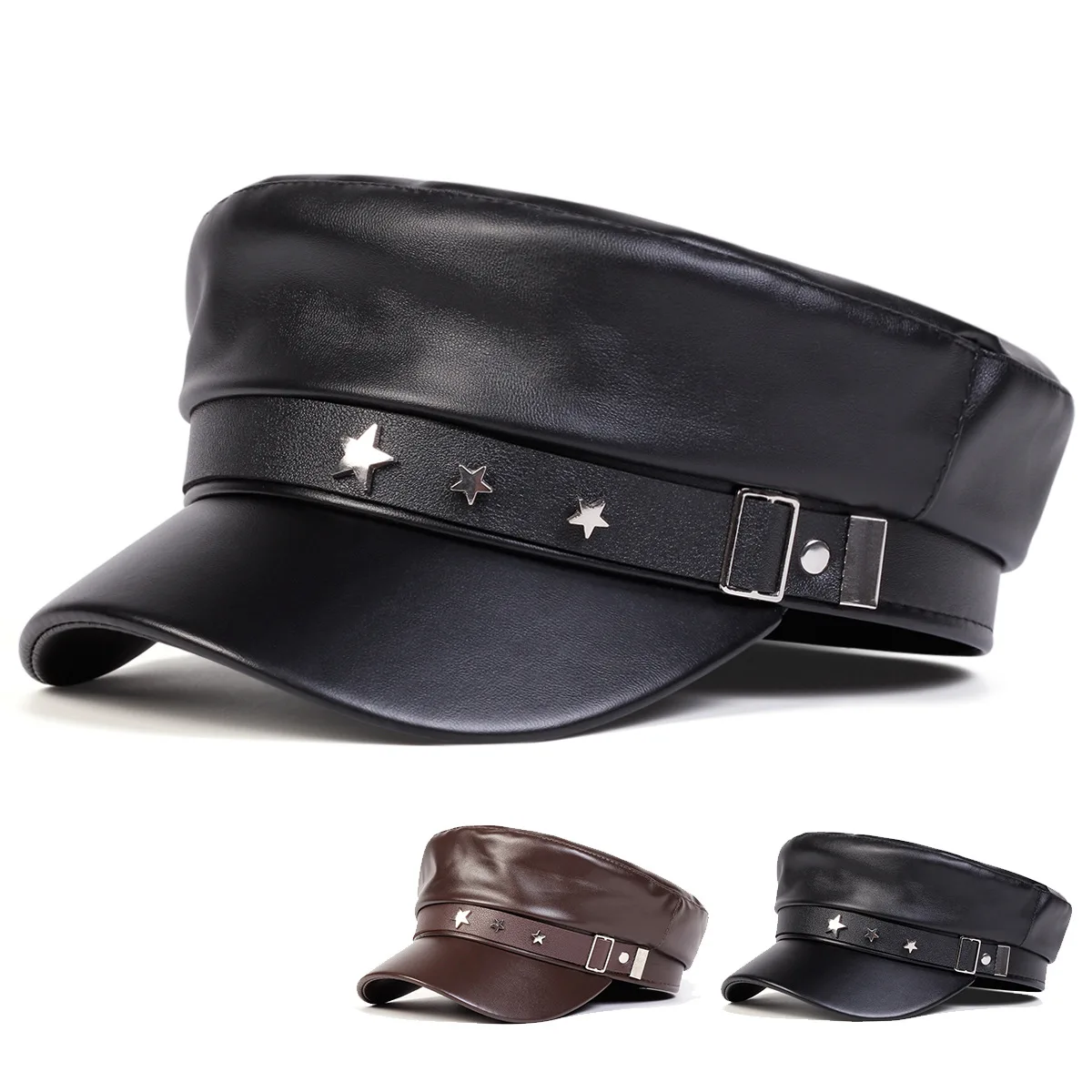 Unisex PU Leather Star Buckle Military Hats Flat Top Baseball Caps For Women Outdoor Sports Military Hats Cadet Sunscreen Hats