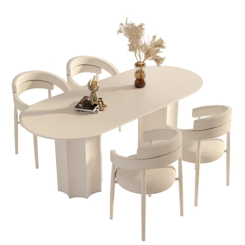 

Oval rock panel dining table, home restaurant, cream style designer table and chair creativity