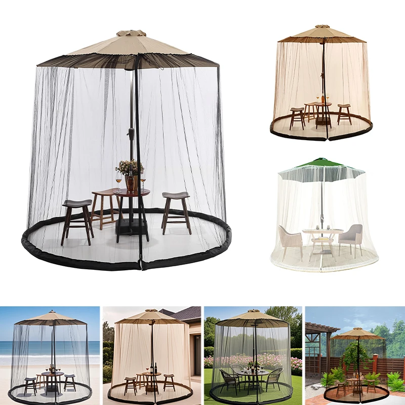 Large Adjustable Mosquito Net Cover for Garden Umbrella Parasol Patio Table with Zipper Doors Bug Screen Protection for Outdoor