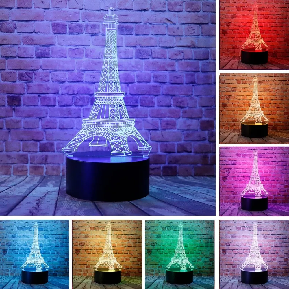 Nighdn-Tour Eiffel 3D LED Lampe de Table, Veilleuse, Icide Optique, 7 Couleurs, Décoration de Chambre, Cadeaux d'Anniversaire et de Noël pour Enfants