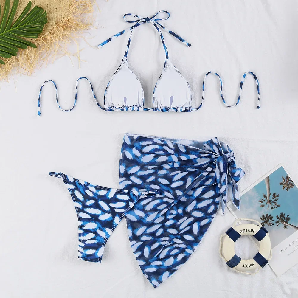Sexy impressão halter tie bikinis conjuntos 3 pçs com capa de malha saia maiô maiô praia outfits biquini tankini