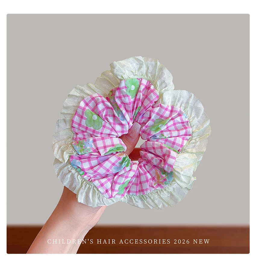 Neues koreanisches Haarband mit kariertem Blumenmuster, Rüschenrand, süßem Chiffonstoff, elastisch, für Damen und Mädchen, Haaraccessoires – Detail 7