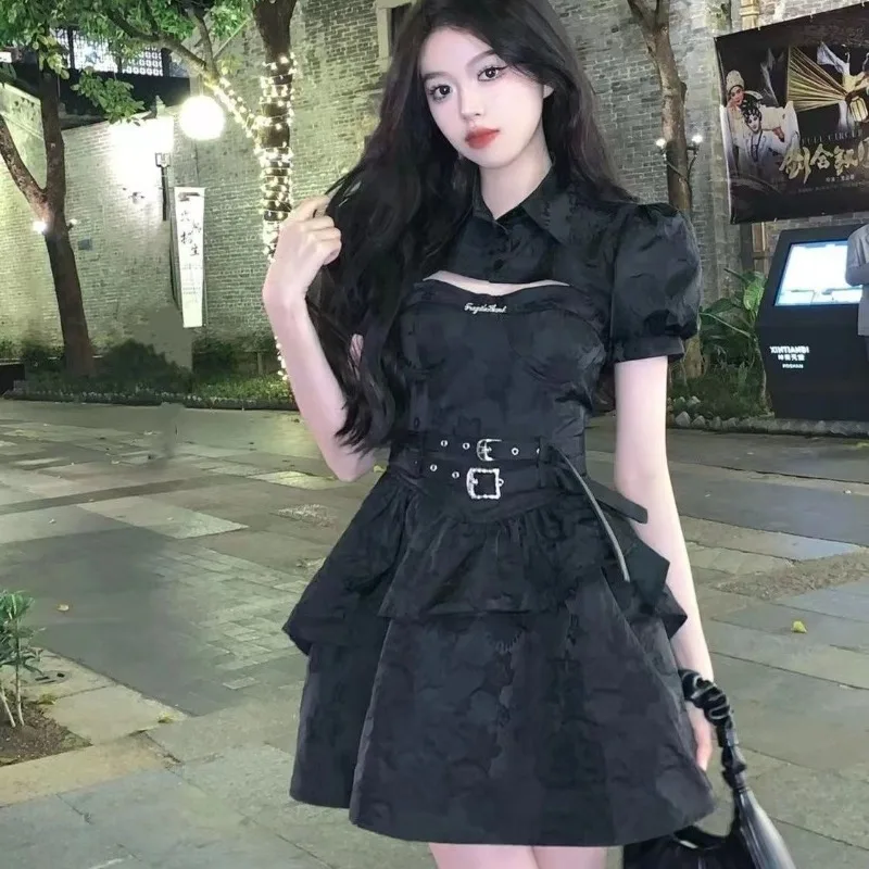 

2025 New Summer Japanese Korean Kawaii Women's Elegant Tops + Lolita Sweet Lace Ruffles Strap Sexy Party Fairy Dress 2-piece Set