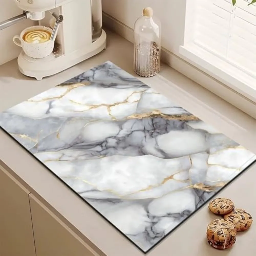 Non Slip Kitchen Drying Mat Easy Clean Marble Look Absorbent Dish Mat Quick Dry Highly Absorbent Countertop Drying Pad