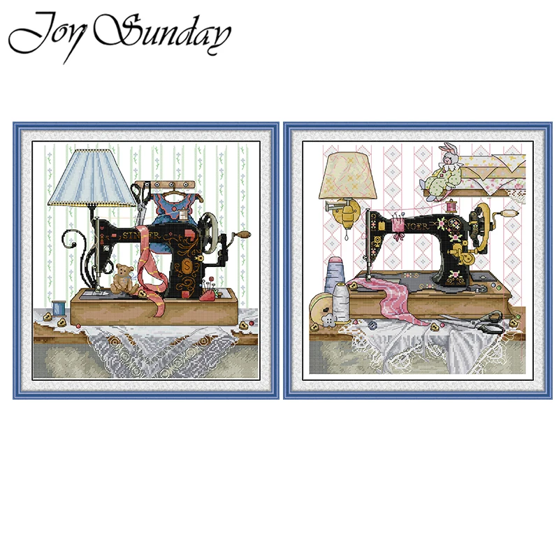 Joy Sunday Sewing Machine With Lamp Stamped Cross Stitch  Kit DMC Threads Aida 16CT 14CT Printed Canvas DIY Hand Embroidery Set