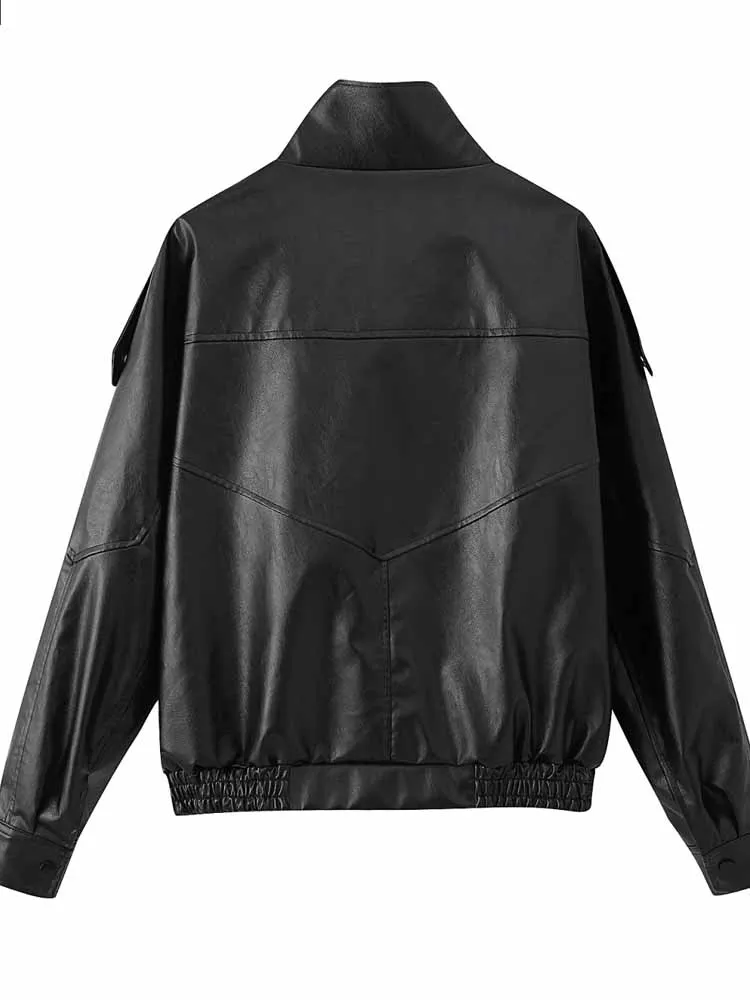 MCDV خمر الشارع بولي Leather الجلود Bomber سترة المرأة الصلبة فضفاض الوقوف طوق سستة جيب معطف 2025 الخريف سيدة شيك ملابس خارجية