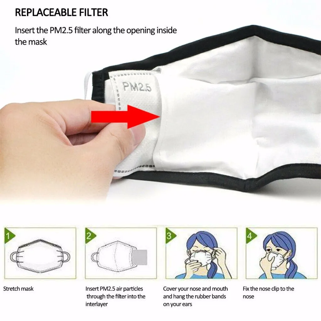 Maschera bocca nera in cotone filtro a carbone attivo antivento PM2.5 filtro maschera in cotone per adulti antiappannamento e polvere