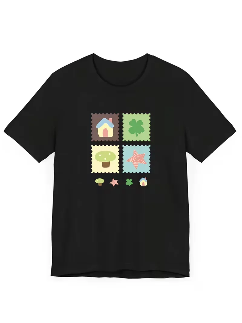 Cute Stamp Style House Mushroom Clover Star Graphic T-Shirt, SpringSummer Casual Short Sleeve Daily Wear Top for Women
