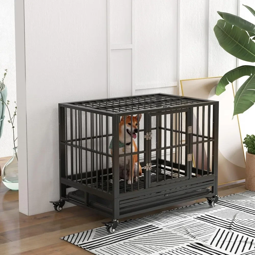 

36 inch heavy duty dog cage metal cage kennel with lockable wheels, double door and removable tray weighing up to 44 lbs