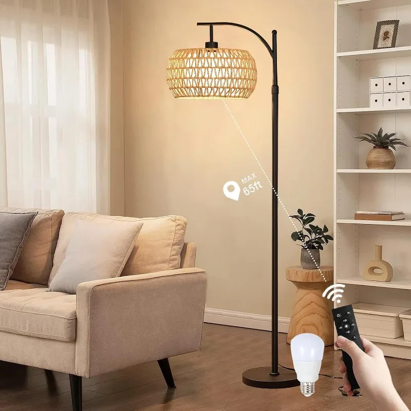 

Arc Floor Lamp For Living Room Rattan Boho Floor Lamp With Remote Control,Dimmable LED Floor Lamps Wicker Lamp Shades Black Stan