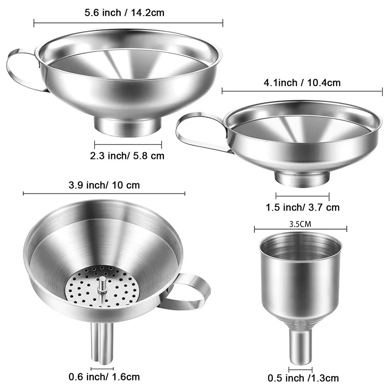 L'imbuto da cucina in acciaio inossidabile da 4 pezzi è adatto per il barattolo di condimento per bottiglie di vetro per il trasferimento di liquidi